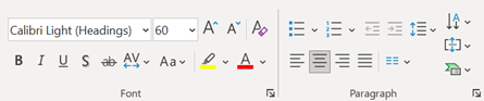 Screenshot of the Font and Paragraph groups on the Home tab of the Ribbon in PowerPoint, displaying the various styling tools available.