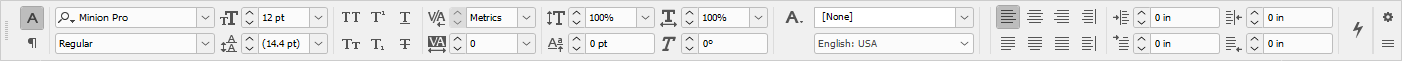 InDesign's control panel, showing options for manipulating the appearance of text.