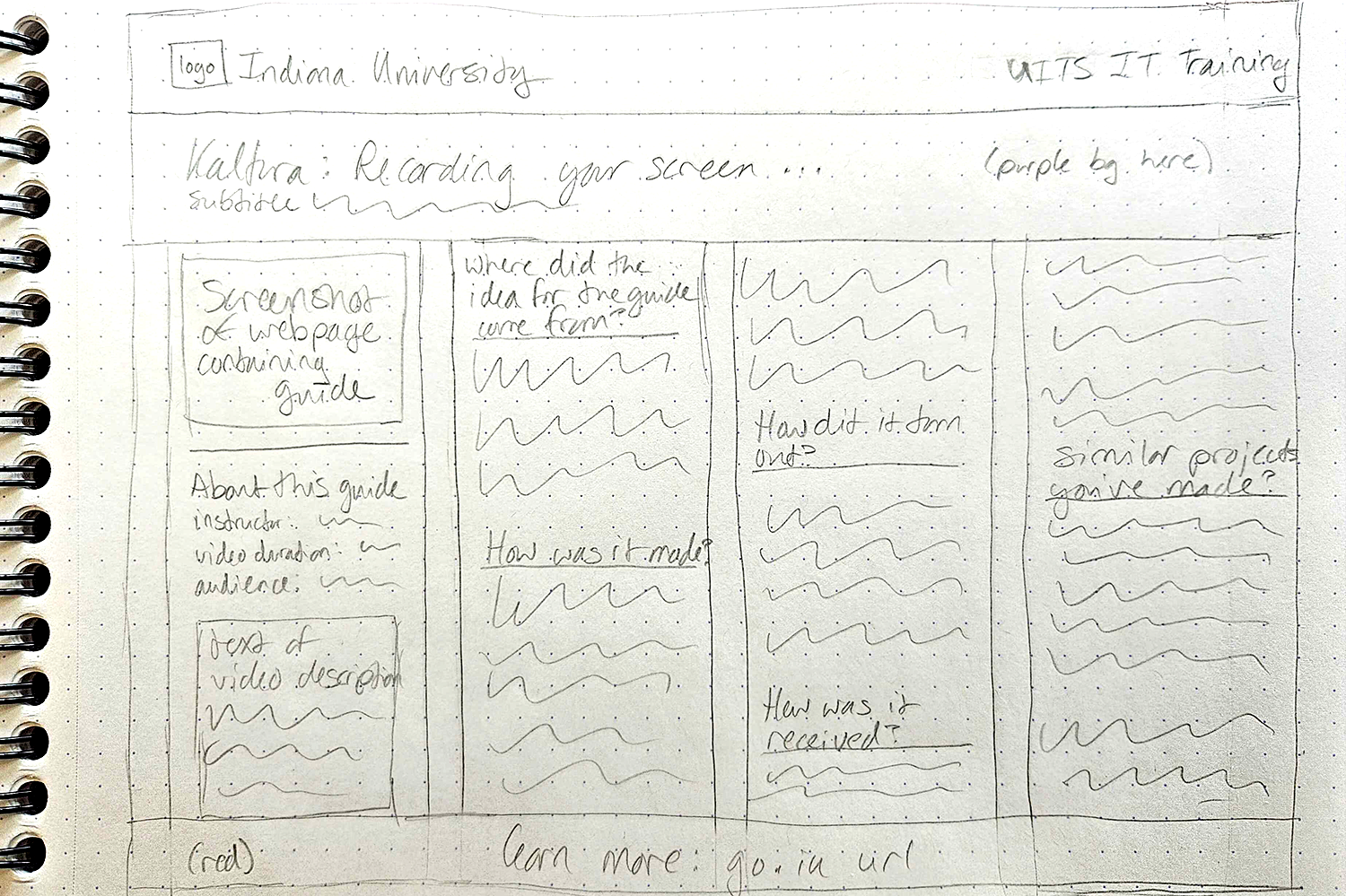 Photo of a notebook page showing a rough sketch determining the layout for a poster.