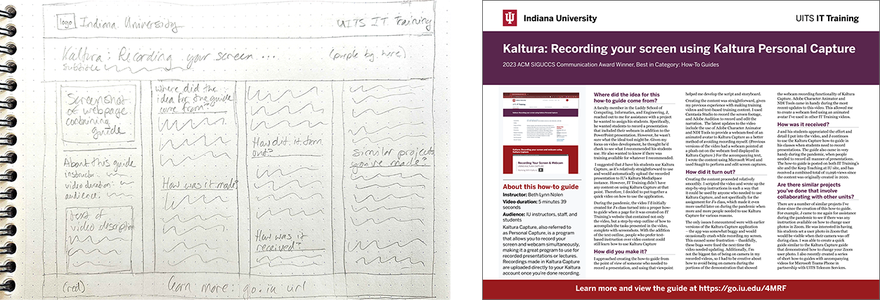 Image of a rough sketch of a poster, showing a rough layout of different text sections, next to the finished poster that was built based on the sketch.