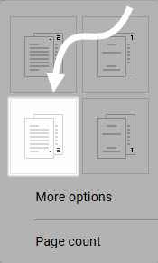 Image of the page number options for Google Docs. The option of page numbers in the lower right corner is highlighted.