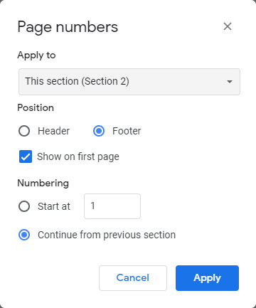 Page numbers dialog box