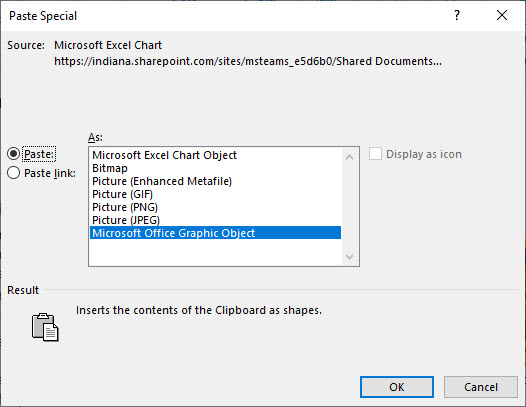 The paste special dialog box. Options to paste the chart as an image or as a link are on the left side of the dialog box.