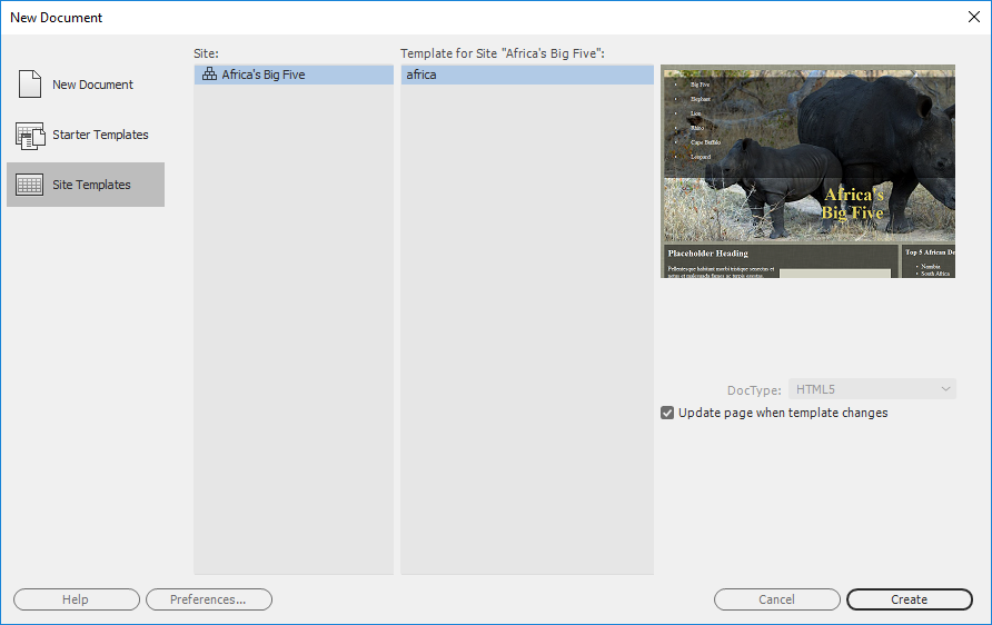 With Site Templates selected the dialog box now shows a list of sites, then a list of templates for the selected site. Also a preview of the templates is shown. Buttons are Help, Preferences, Create and Cancel.