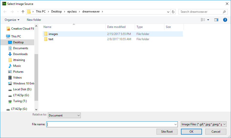 showing the images and text folder inside the dreamweaver_basics folder. The dialog is filtered to see only image files so no files are appearing. There are buttons for site root, OK and Cancel.