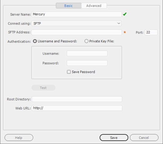 The basic option for settings are appearing. There is also an option to see Advanced settings. Fields for the the basic setting include SFTP Address, Port, Authentication method, Root Directory and Web URL. Authentication methods available are Username and Password, or Private Key File. The default method is to authenticate with username and password. There are buttons for Help, Save and Cancel. 
