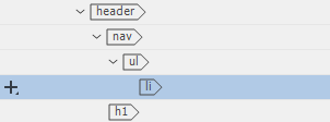 The structrure of the header in the DOM panel. The part that has changed is there are now two child elements for the header element. The children are nav and h1. The nav element has a unordered list nested inside of it.