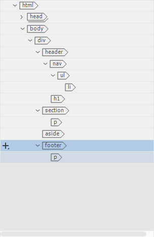 Part of the DOM panel showing the section with a child paragraph. Also included are the aside, and footer. The footer now has a child paragraph element as well.