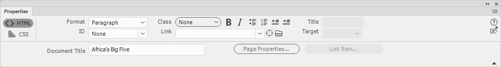 The properties panel showing the properties for the Big Five text we selected.