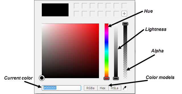 The color options box has sliders for choosing hue, lightness, and alpha. The bottom the the windows shows the current color and options for the RGBa, Hex, and HSLa color models.