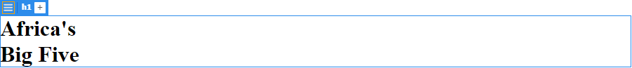 h1 element containing Africa's Big Five text selected with blue border around element and tag name appearing in upper left corner. 