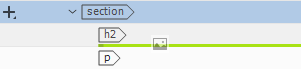 Shows correct location in the DOM panel between the h2 and p nested in the section element to drag image from insert panel to. When in correct location a green line appears between the h2 and p elements in the DOM panel.