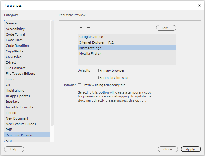 Real-time Preview options in Preferences