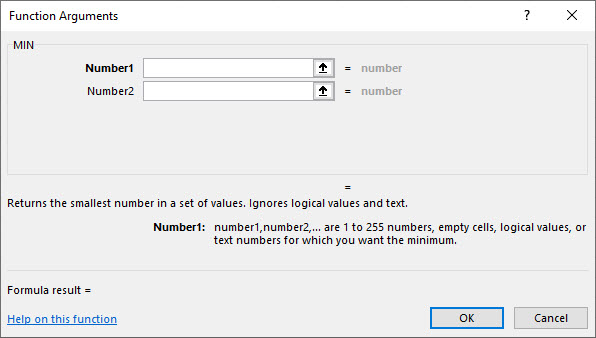The Function Arguments dialog box. The features are described in the following paragraph