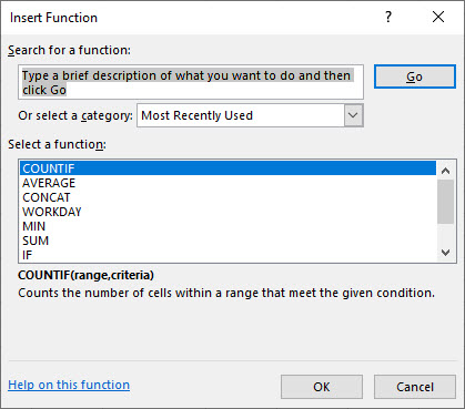 The Insert Function dialog box. The features are described in the following paragraph.