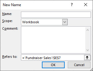 New Name dialog box from Microsoft Excel for Windows