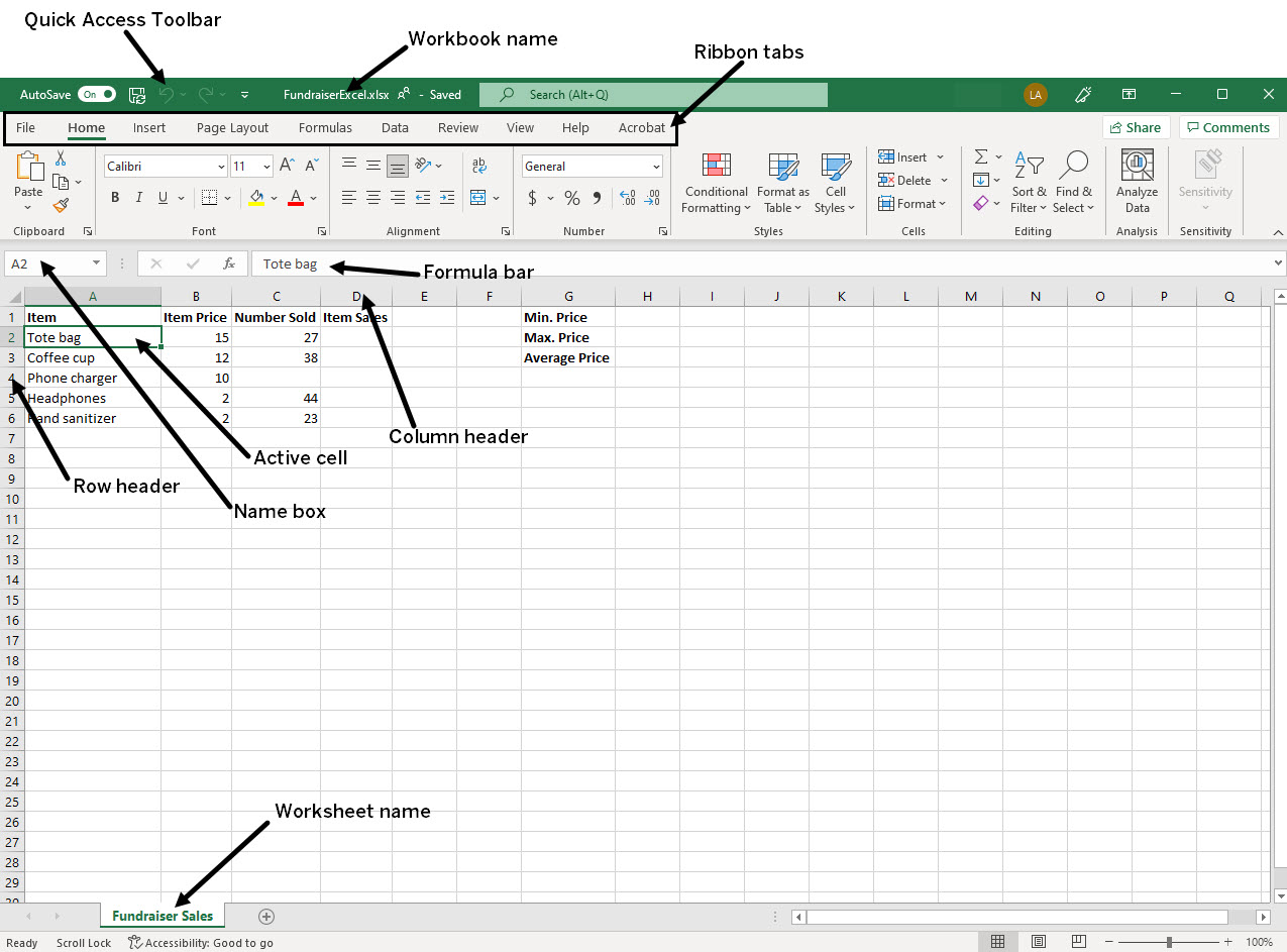 The Excel interface with the interface elements labeled. Interface elements are described in following paragraphs.