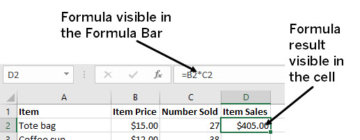 The formula bar and the first two rows of the spreadsheet with cell D2 selected. the formula bar displays the formula =B2*C2, and the cell D2 shows the value $405.00.