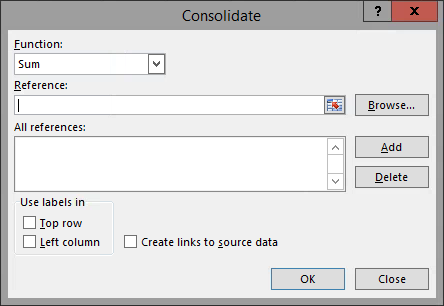 The Consolidate dialog box