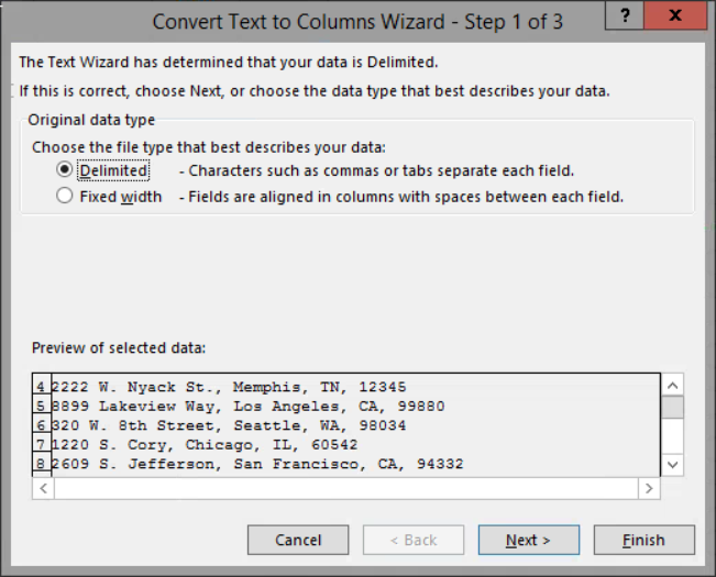 image of first step of Convert Text to Columns wizard
