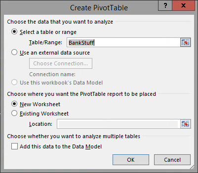The Create PivotTable dialog box