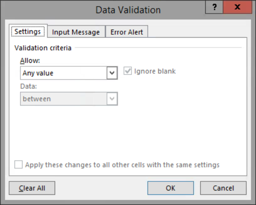image of Data Validation dialog box with Settings tab active