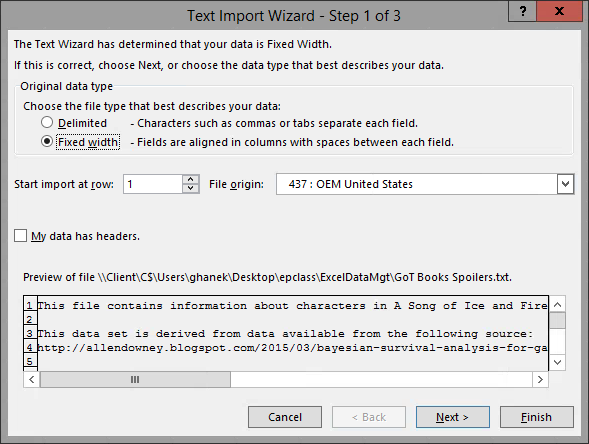 The Text Import Wizard