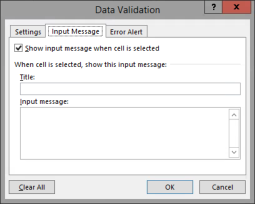 image of Data Validation dialog box with Input Message tab active