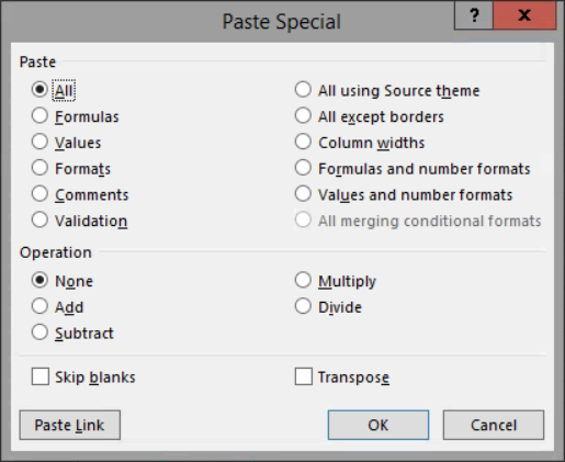 image of Paste Special dialog box