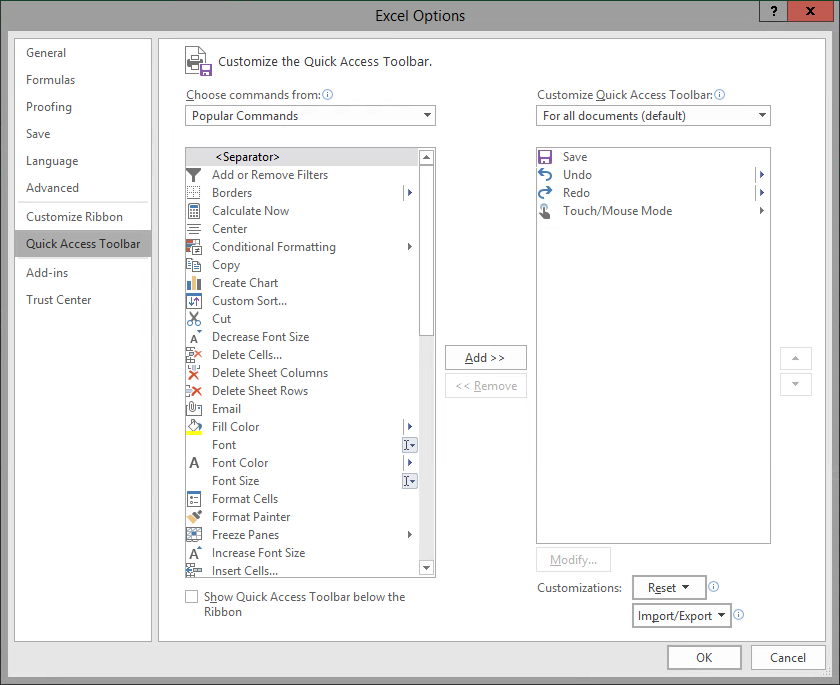 Excel options dialog box