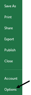 in the backstage view, pointing to the Options menu item