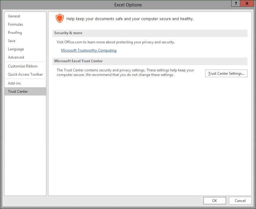 Excel Options dialog box. Trust Center is selected.