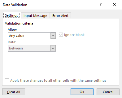 The Data Validation dialog box. Features are described below