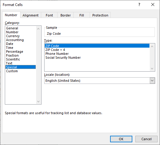 The Format Cells dialog box showing the Special category