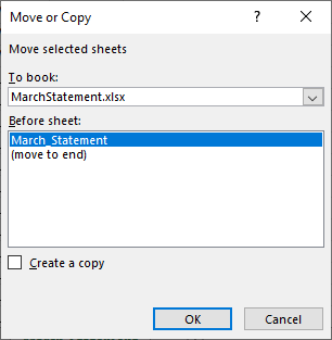 The Move or Copy dialog box. The details are described below.