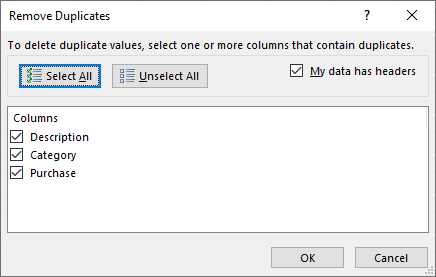 Remove duplicates dialog box. Contents are described below.