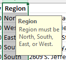 The Region input message. The message says Region must be North, South, East, or West.