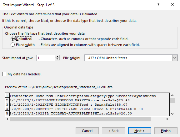 Step 1 of the Text Import Wizard. Details are described below.