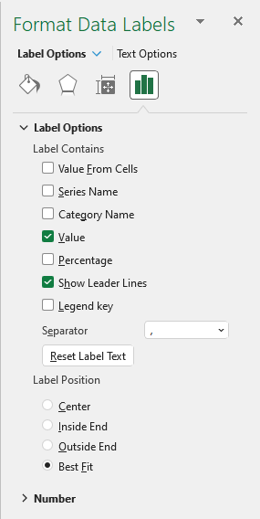 The Format Data Labels pane. The contents are described below.