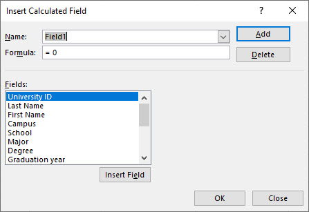 The insert calculated field dialog box. The details are described below.