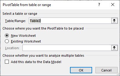 PivotTable From Range dialog box. Elements are described below.