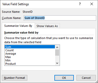 The Value Field Settings dialog box. Details are described after the Mac OS pivot table field image.