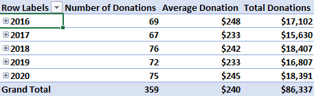 The pivot table showing the donation data grouped by years.