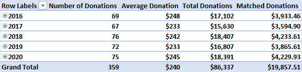 The pivot table shows the number of donations, average donation, total donations, and matched donations for the years 2016, 2017, 2018, 2019, and 2020. 