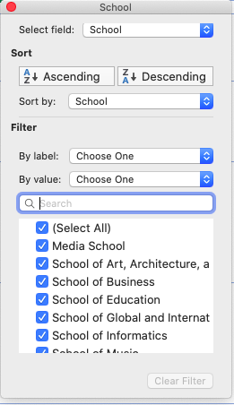 Sorting and filtering options are described in the following text
