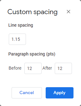 Custom spacing dialog box showing the line spacing is set at 1.15. The paragraphs spacing is 12 points before and 12 points after.