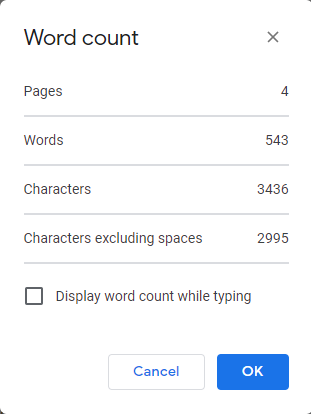 word count dialog box