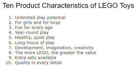 List of ten product characteristics of LEGO toys with all ten items left aligned