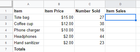 Close-up of the Fundraiser Sales spreadsheet with the item sales column blank.