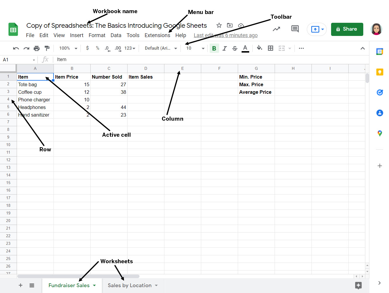 The Sheets interface with interface elements labeled. Interface elements described in following paragraphs.